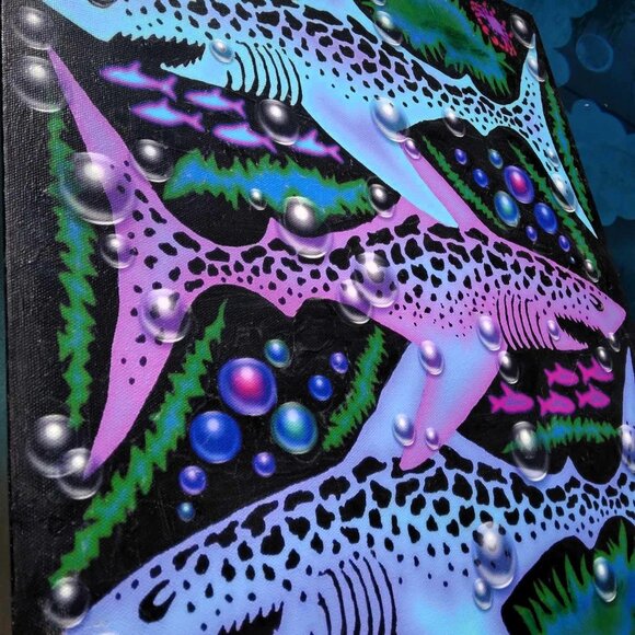 Sharks Bubbles Digital Mixed Media on Canvas Wrap - Picture 7 of 13